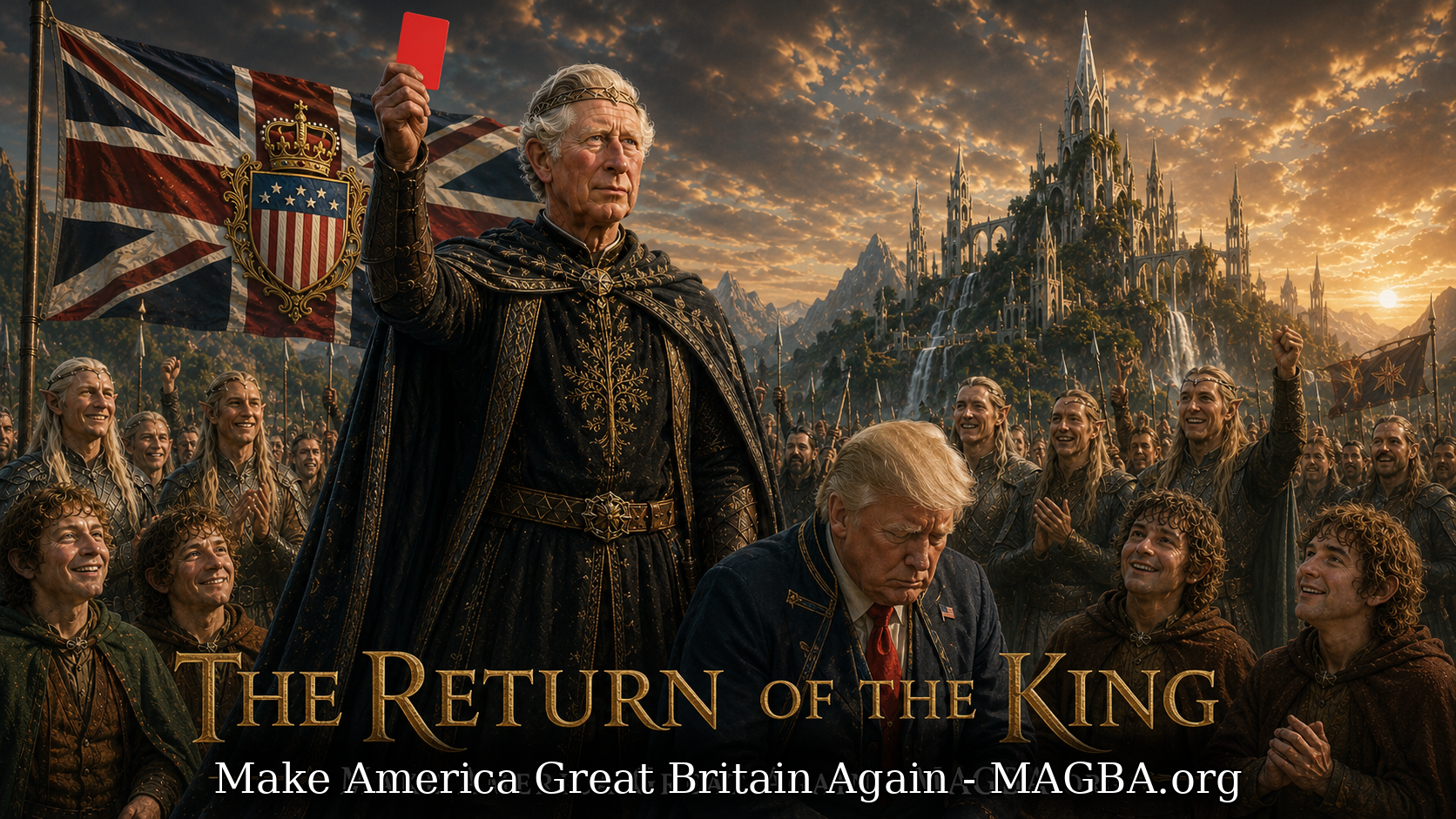 King Charles as the returning king, raising a red card before a defeated political figure, surrounded by hobbits, elves, and the MAGBA standard
