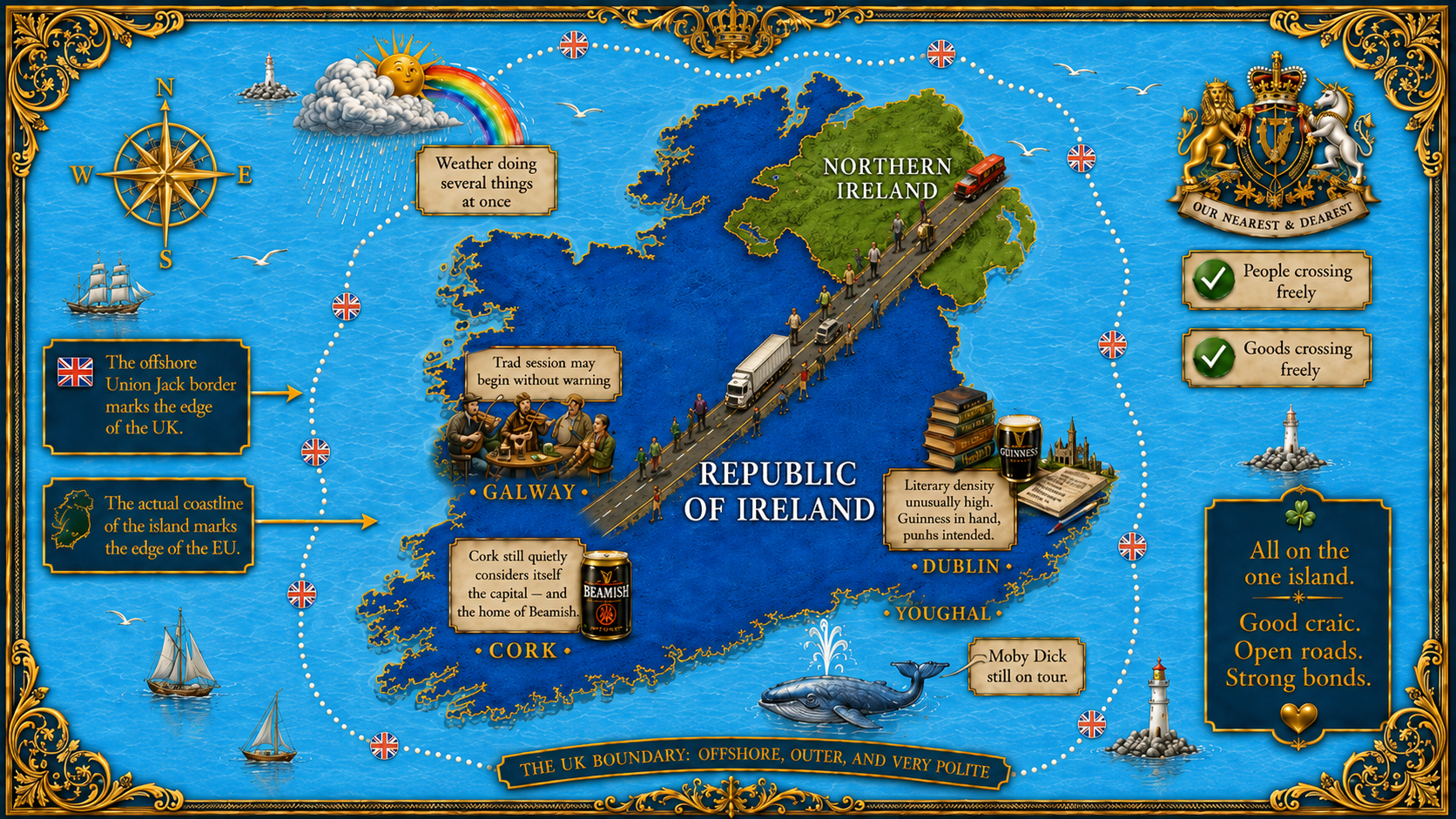 A satirical map showing the whole island of Ireland within the United Kingdom boundary, while the Republic remains within the European Union
